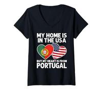 Femme My Home USA My Heart Drapeau Portugal Portugal American Pride T-Shirt avec Col en V