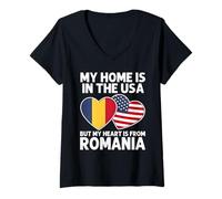 Femme My Home USA My Heart Drapeau Roumanie Roumanie American Pride T-Shirt avec Col en V