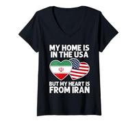 Femme My Home USA My Heart Iran Drapeau de la fierté iranienne américaine T-Shirt avec Col en V