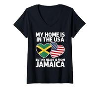 Femme My Home USA My Heart Jamaica Drapeau de la Jamaïque American Pride T-Shirt avec Col en V