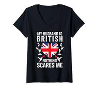 Femme My Husband Is British Husband United Kingdom Flag T-Shirt avec Col en V