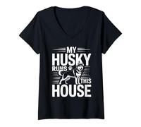 Femme My Husky Runs This House Husky Owner Humour T-Shirt avec Col en V