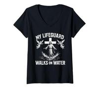 Femme My Lifeguard Walks on Water - Vintage Jésus Christian T-Shirt avec Col en V