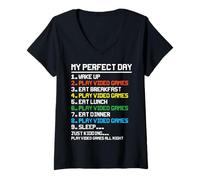 Femme My Perfect Day Wake Up Play Jeux vidéo Eat Breakfast Play V T-Shirt avec Col en V