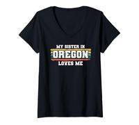 Femme My Sister in Oregon Loves Me Rétro Vintage American T-Shirt avec Col en V