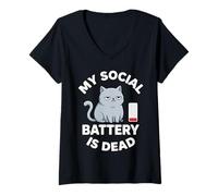Femme My Social Battery is Dead Cat Funny Introvertis T-Shirt avec Col en V