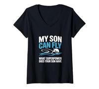 Femme My Son Can Fly What Superpower Your Son Have? Natation T-Shirt avec Col en V