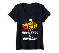 Femme My Superpower is Happiness & Harmony Style Bande dessinée T-Shirt avec Col en V