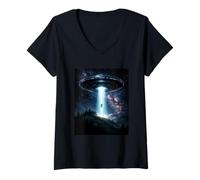 Femme Mystère Cosmique UFO Enlèvement Alien Craft Beam Night Forest T-Shirt avec Col en V