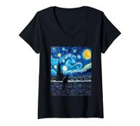 Femme Mystery Charmante Pierre Murale Chat Noir Van Gogh Art Style T-Shirt avec Col en V
