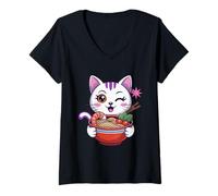 Femme Mystery Meemeows Chat Ramen Japonais Kawaii Anime Memeows T-Shirt avec Col en V