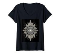 Femme Mystical Eye Plumes Circulaires Intérieures Feu Sagesse T-Shirt avec Col en V
