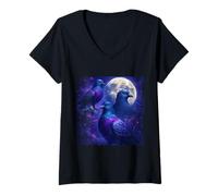 Femme Mystical Pigeon Trio avec Full Moon Meme Art T-Shirt avec Col en V