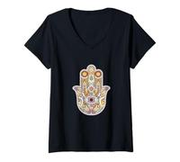 Femme Mysticisme Spirituel Hamsa Main de Miriam et Main de Fatima T-Shirt avec Col en V