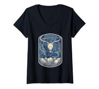Femme Mythic Skull Art Dragon Bonsaï Pagode Monochrome T-Shirt avec Col en V