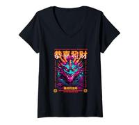 Femme Mythologie du dragon chinois - Esthétique urbaine audacieuse T-Shirt avec Col en V
