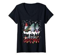 Femme Nain de Noël Mignon avec lumière de Noël Assortie T-Shirt avec Col en V