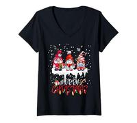 Femme Nain de Noël Mignon avec lumière de Noël Assortie T-Shirt avec Col en V