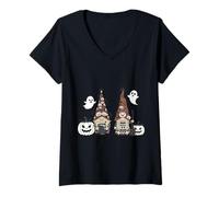 Femme Nain d'halloween Amusant avec Motif Citrouille, fantôme, léopard T-Shirt avec Col en V
