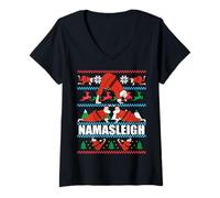 Femme NAMASLEIGH Pull de Noël Moche Père Noël Yoga T-Shirt avec Col en V