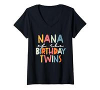 Femme Nana of The Birthday Twins Kids Great Grandma Twin Bday T-Shirt avec Col en V