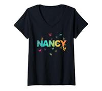 Femme Nancy - Un Beau nom avec des Papillons. T-Shirt avec Col en V