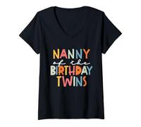 Femme Nanny of The Birthday Twins Kids Arrière-Grand-mère Twin Bday T-Shirt avec Col en V