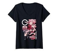 Femme Naruto Shippuden Sakura Pink Kanji Collage Anime T-Shirt avec Col en V