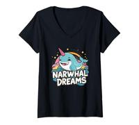 Femme Narwhal Dreams Mignon Dessin animé océan Licorne Baleine T-Shirt avec Col en V