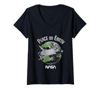 Femme NASA Peace on Earth Vaisseau Spatial Blanc détresse T-Shirt avec Col en V