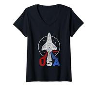 Femme NASA USA Shuttle Red White and Blue Logo Space Science T-Shirt avec Col en V