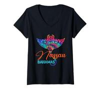 Femme Nassau Bahamas 2025 Tie Dye Tribal Stingray Vacances en Famille T-Shirt avec Col en V
