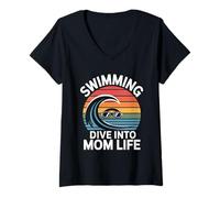 Femme Natation Plongeant dans la Vie de Maman rétro Vague Coucher de Soleil T-Shirt avec Col en V