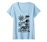 Femme Native America Kokopelli avec nuages de soleil - Dessiné à la main T-Shirt avec Col en V