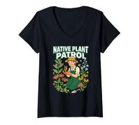 Femme Native Plant Patrol Passionné de Jardinage et de Conservation des Plantes Vertes T-Shirt avec Col en V