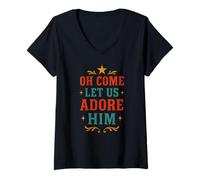 Femme Nativity Oh Come Let Us Adore Him Vintage Women Christian T-Shirt avec Col en V