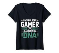 Femme Natural Born Gamer Gaming is My DNA Citation T-Shirt avec Col en V