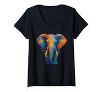 Femme Nature Art Zoologie Aquarelle Faune Éléphant Coloré T-Shirt avec Col en V