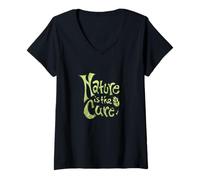 Femme Nature is The Cure Design Typographie botanique terreuse Vert T-Shirt avec Col en V