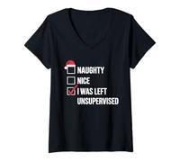 Femme Naughty Nice I Was Left Unsupervised Liste Noël Humour Rouge T-Shirt avec Col en V