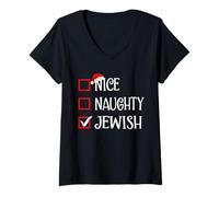 Femme Naughty Nice Juif Holiday Santa Funny Interfaith Hanoukka T-Shirt avec Col en V