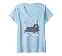 Femme Nauset Beach Orleans Rustique Fantaisie Mignon Sceau du Port côtier T-Shirt avec Col en V