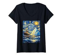 Femme Navire à Vapeur inspiré de la Nuit étoilée par Van Gogh pour Les Amateurs de paquebots T-Shirt avec Col en V