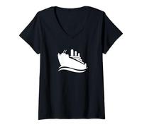 Femme Navire Cargo Blanc en croisière océan et Vagues T-Shirt avec Col en V