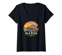 Femme Naxos Design île Grecque Coucher de Soleil T-Shirt avec Col en V
