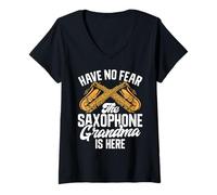 Femme N'ayez Pas Peur, Le Saxophone, Grand-mère est là, Saxophone T-Shirt avec Col en V