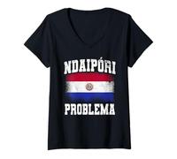 Femme Ndaipori Problema Drapeau du Paraguay avec citation « No Problem » T-Shirt avec Col en V