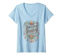 Femme Ne cessez Pas de Prier Boho Christian rétro T-Shirt avec Col en V
