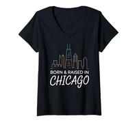 Femme Né et élevé à Chicago - Horizon de Chicago T-Shirt avec Col en V