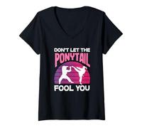 Femme Ne Laissez Pas la Queue de Cheval Vous Tromper Karaté Girl Kick Art Martial T-Shirt avec Col en V